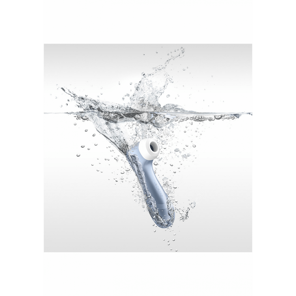 Satisfyer Pro 2 air pulse clitorisstimulator blauw, lijnillustratie van gebruik, ergonomische grip en positie bij stimulatie