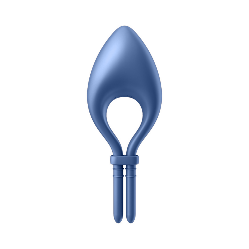Satisfyer cockring Bullseye blauw, zijaanzicht, smalle verstelband en gladde siliconen afwerking