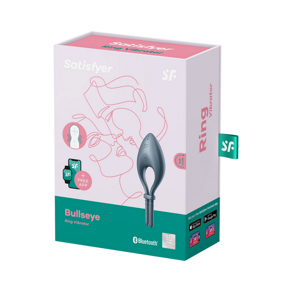 Satisfyer Bullseye cockring donkerblauw one size, productdoos met afbeelding van de cockring en Satisfyer branding