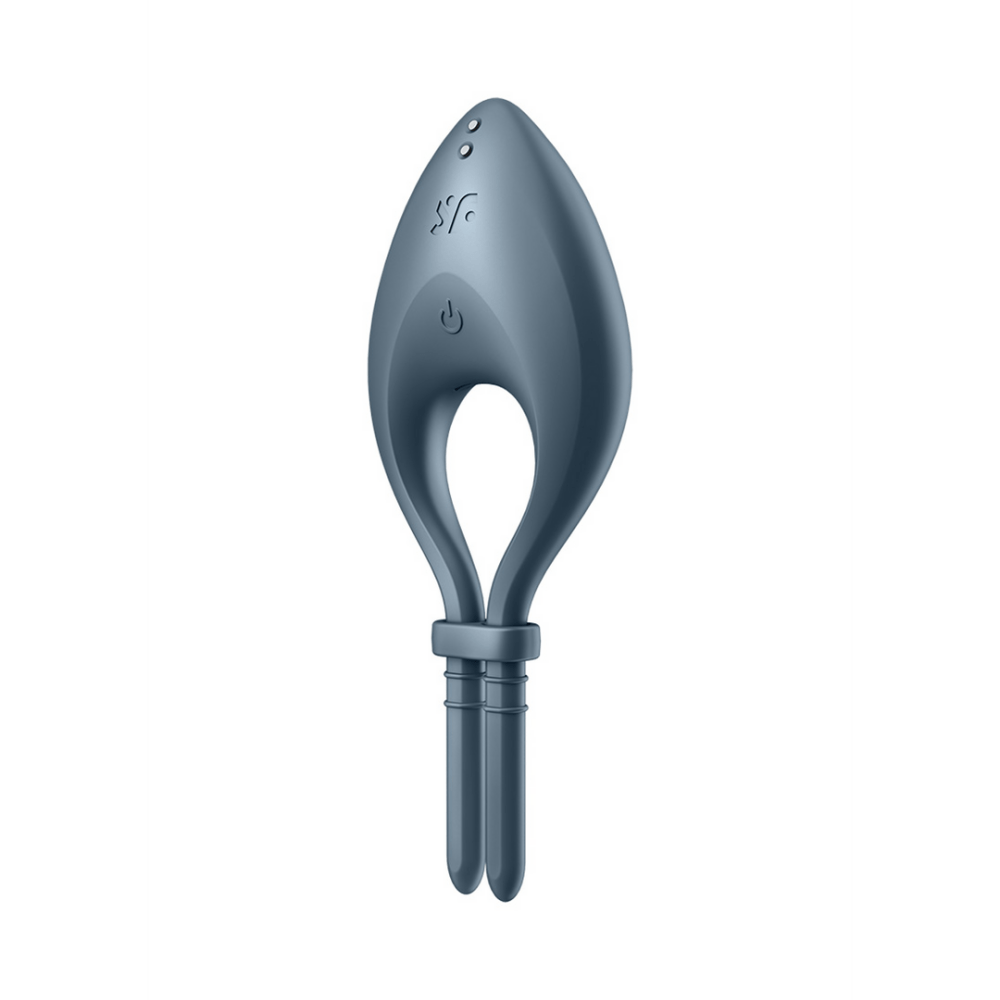 Satisfyer Bullseye cockring donkerblauw one size, detailfoto met Satisfyer pictogram en verstelbare bandjes op wit