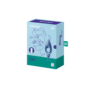 Satisfyer Sniper dubbele cockring blauwgrijs, verpakking, productdoos met illustratie van de ring op de voorkant