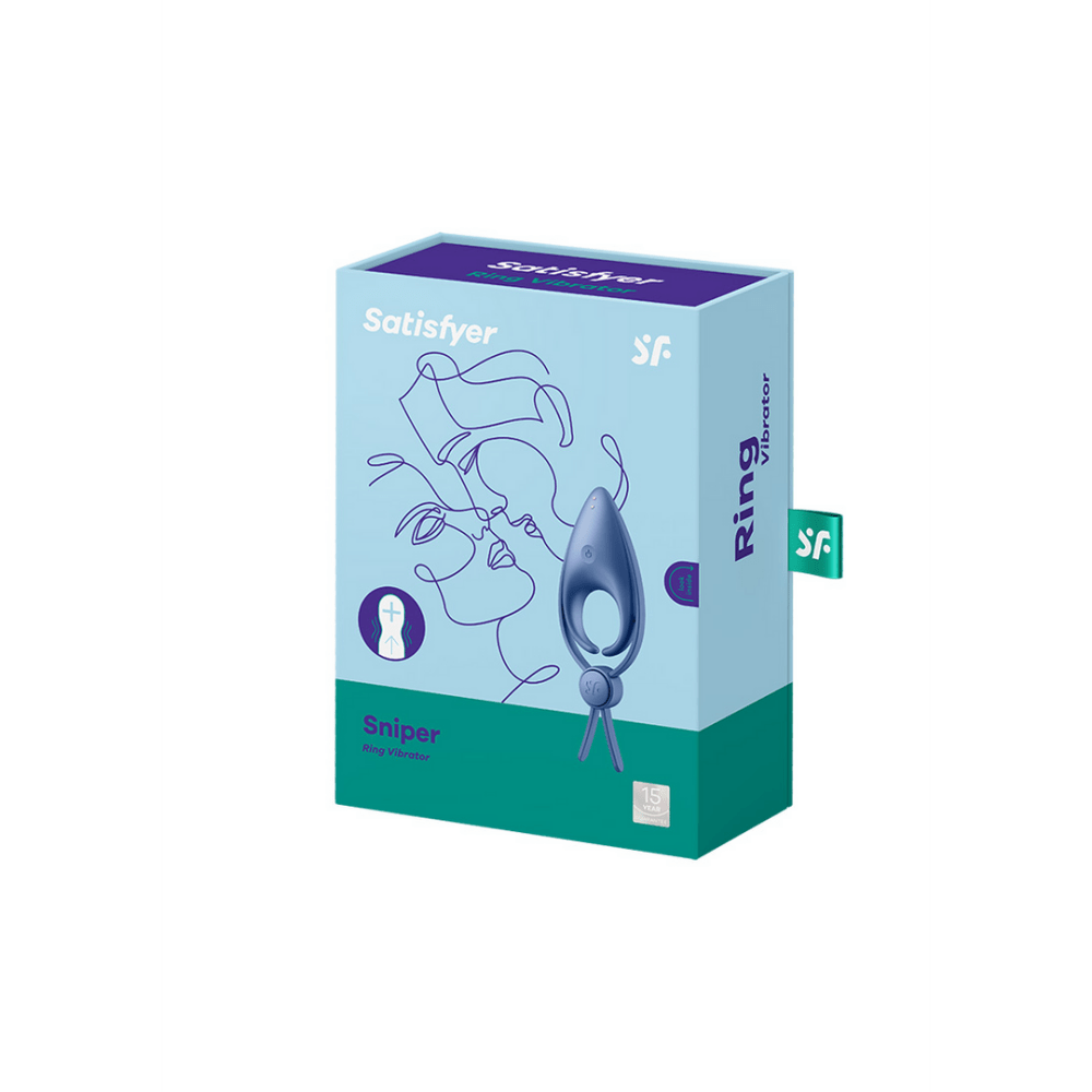 Satisfyer Sniper dubbele cockring blauwgrijs, verpakking, productdoos met illustratie van de ring op de voorkant