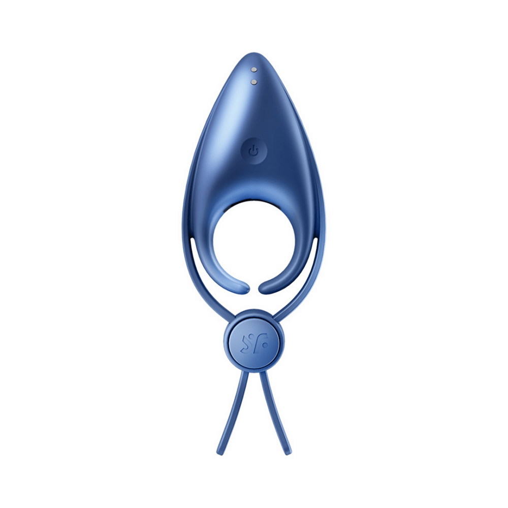 Satisfyer Sniper dubbele cockring blauwgrijs, vooraanzicht, ovale ring met dubbel ontwerp en verstelbare bandjes, wit