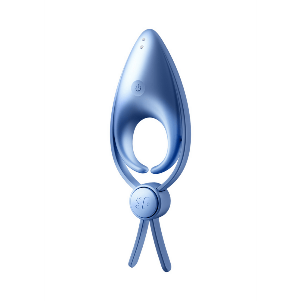Satisfyer Sniper dubbele cockring blauwgrijs, schuin aanzicht, glad siliconen body met opening en twee verstelstraps, wit