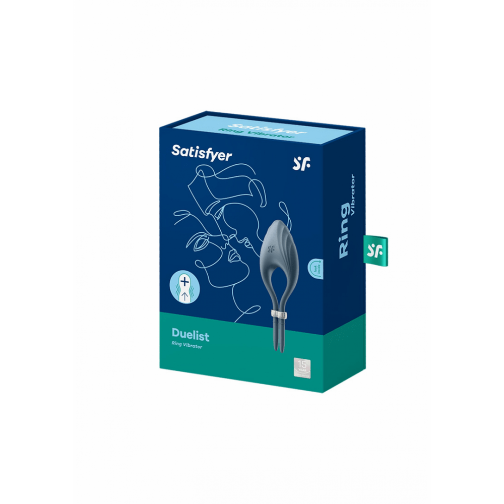 Satisfyer Duelist verstelbare cockring donkerblauw, verpakking, productdoos met afbeelding van de ring op de voorkant
