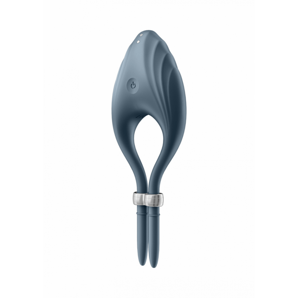 Satisfyer Duelist verstelbare cockring donkerblauw, detailaanzicht, ovale ringvorm met opening en verstelbare strap onderaan