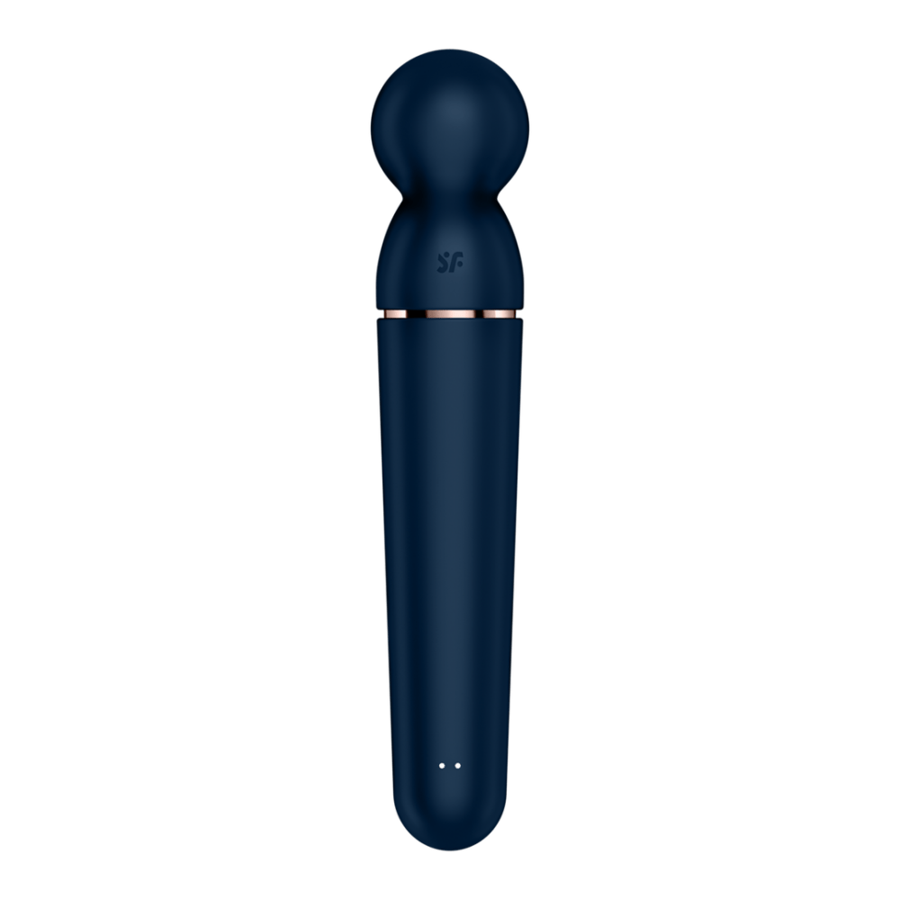 Satisfyer Planet Wand er wand vibrator blauw roségoud, achteraanzicht, knop en gladde steel