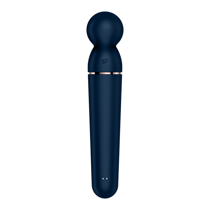 Satisfyer Planet Wand er wand vibrator blauw roségoud, achteraanzicht, knop en gladde steel