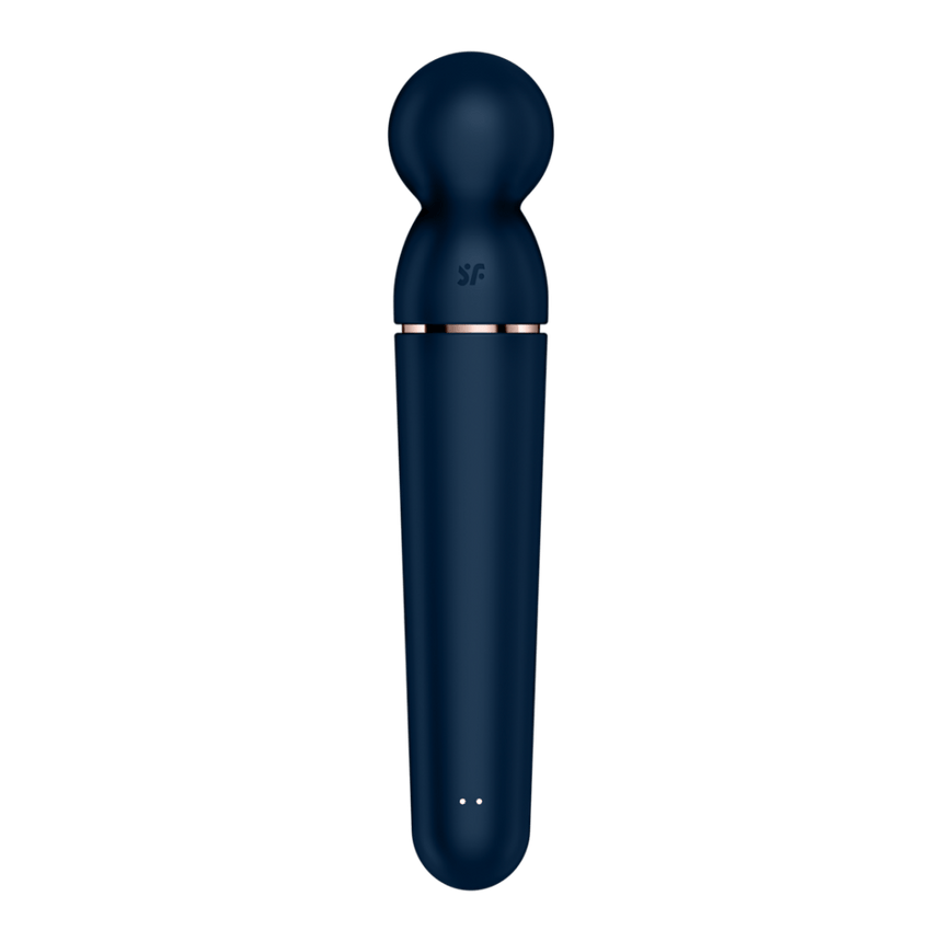 Satisfyer Planet Wand er wand vibrator blauw roségoud, achteraanzicht, knop en gladde steel