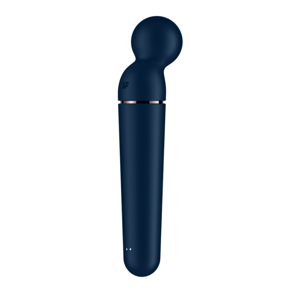 Satisfyer Planet Wand er wand vibrator blauw roségoud, vooraanzicht, ronde kop en metallic rand