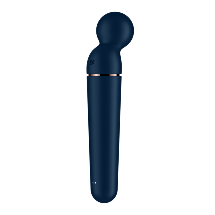 Satisfyer Planet Wand er wand vibrator blauw roségoud, vooraanzicht, ronde kop en metallic rand