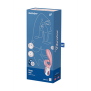 Satisfyer Hug Me Duo vibrator roze, verpakking, blauwe productdoos met productfoto en iconen op de voorkant