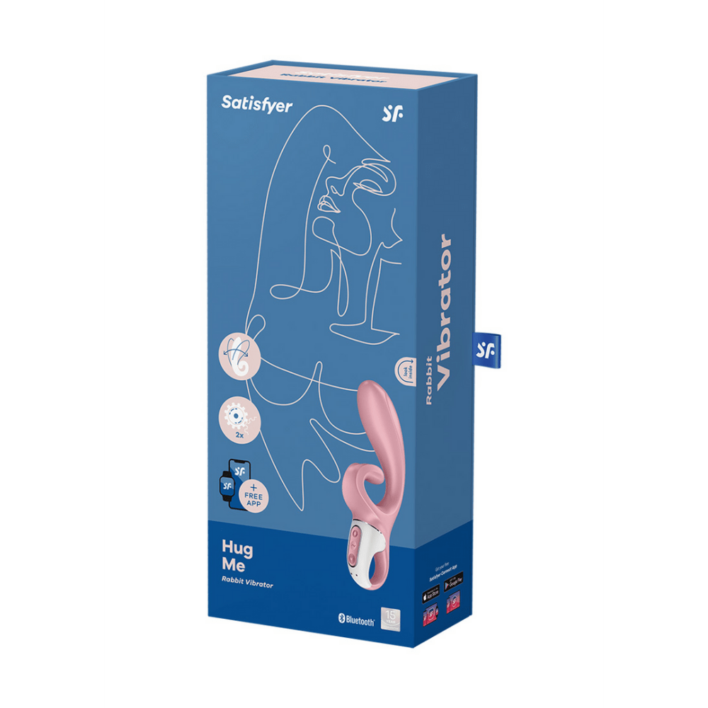 Satisfyer Hug Me Duo vibrator roze, verpakking, blauwe productdoos met productfoto en iconen op de voorkant
