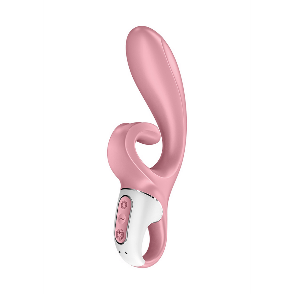 Satisfyer Hug Me Duo vibrator roze, schuin zijaanzicht, dubbele kop met afgeronde tip en compacte greep