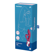 Satisfyer Embrace Me rabbit vibrator berry, verpakking productdoos in blauw met productafbeelding op de voorkant