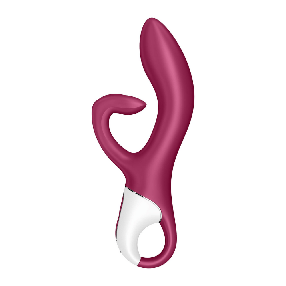 Satisfyer Embrace Me rabbit vibrator berry, vooraanzicht met dubbele stimulator, gebogen shaft en bunny arm