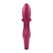 Satisfyer Embrace Me rabbit vibrator berry, detail van handgreep met bedienknoppen, oplaadpunt en glanzende finish