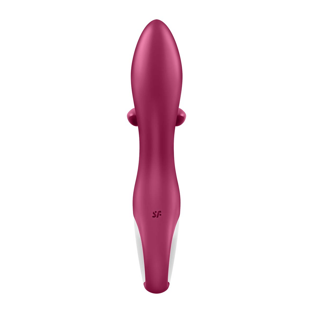 Satisfyer Embrace Me rabbit vibrator berry, detail van handgreep met bedienknoppen, oplaadpunt en glanzende finish