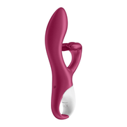 Satisfyer Embrace Me rabbit vibrator berry, zijaanzicht, slanke shaft met afgeronde tip en witte bedienring