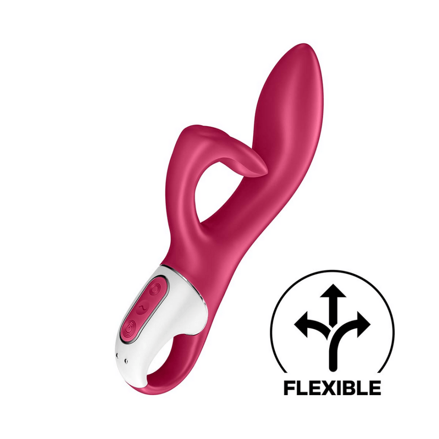 Satisfyer Embrace Me rabbit vibrator berry, schuin aanzicht met app icoon, flexibele bunny arm en ronde knop