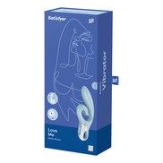 Satisfyer Love Me G-spot clitoris stimulator lichtblauw one size, verpakking doos met productfoto op roze blauwe achtergrond