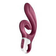 rode Satisfyer Love Me vibrator met G-spot bocht en externe clitorisstimulator in hartvormige lus, siliconen duo-stimulator