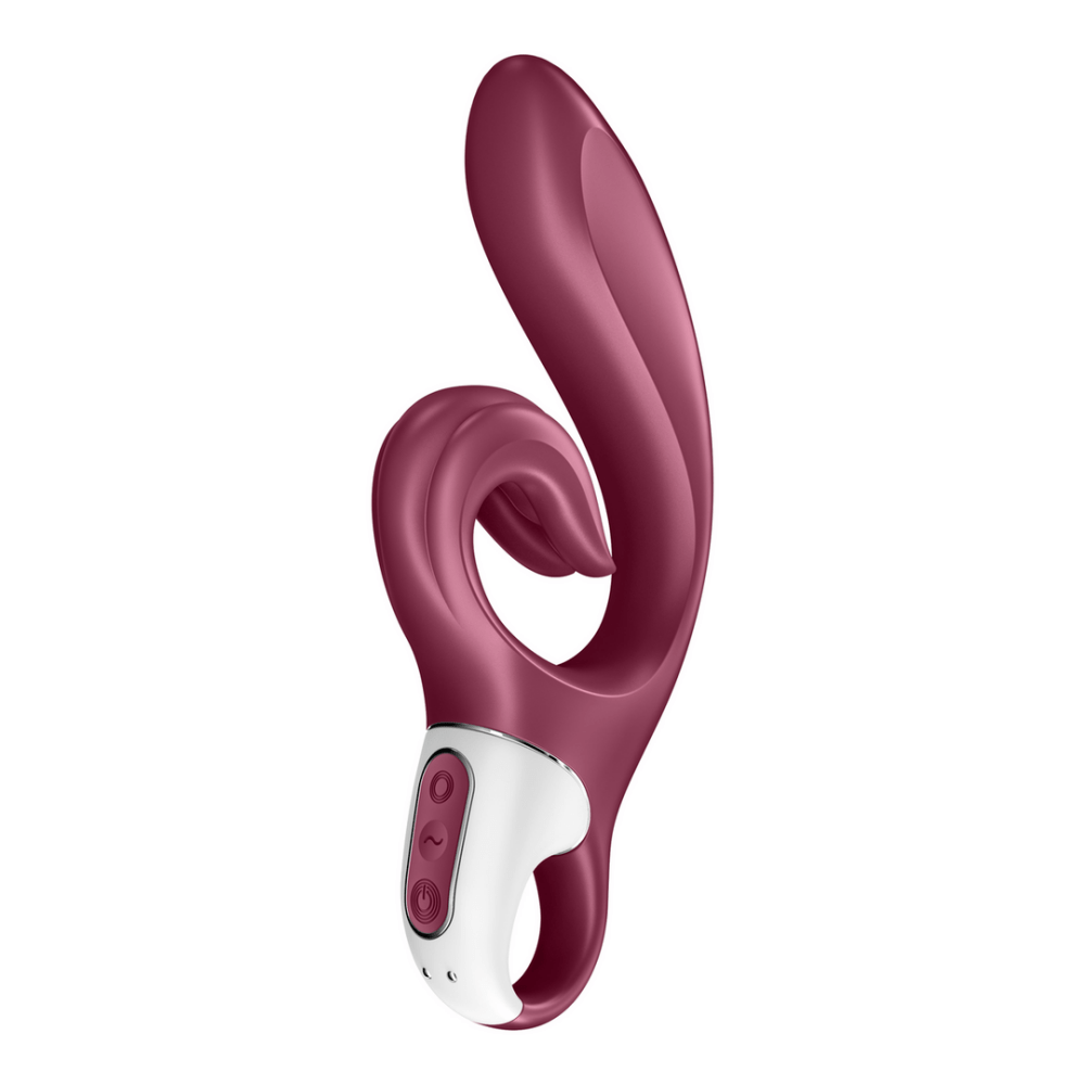 rode Satisfyer Love Me vibrator met G-spot bocht en externe clitorisstimulator in hartvormige lus, siliconen duo-stimulator