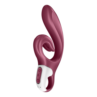 rode Satisfyer Love Me vibrator met G-spot bocht en externe clitorisstimulator in hartvormige lus, siliconen duo-stimulator