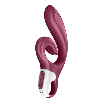rode Satisfyer Love Me vibrator met G-spot bocht en externe clitorisstimulator in hartvormige lus, siliconen duo-stimulator