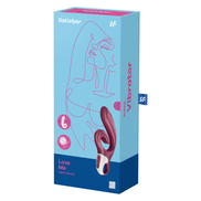productdoos van de rode Satisfyer Love Me G-Spot & clitorale stimulator met afbeelding van de toy en Satisfyer merklogo