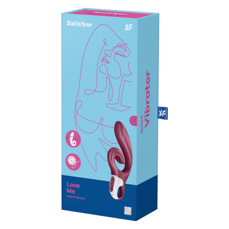 productdoos van de rode Satisfyer Love Me G-Spot & clitorale stimulator met afbeelding van de toy en Satisfyer merklogo