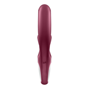 bovenaanzicht van de rode Satisfyer Love Me, compacte ergonomische vibrator met dubbele stimulatiepunten in zacht siliconen