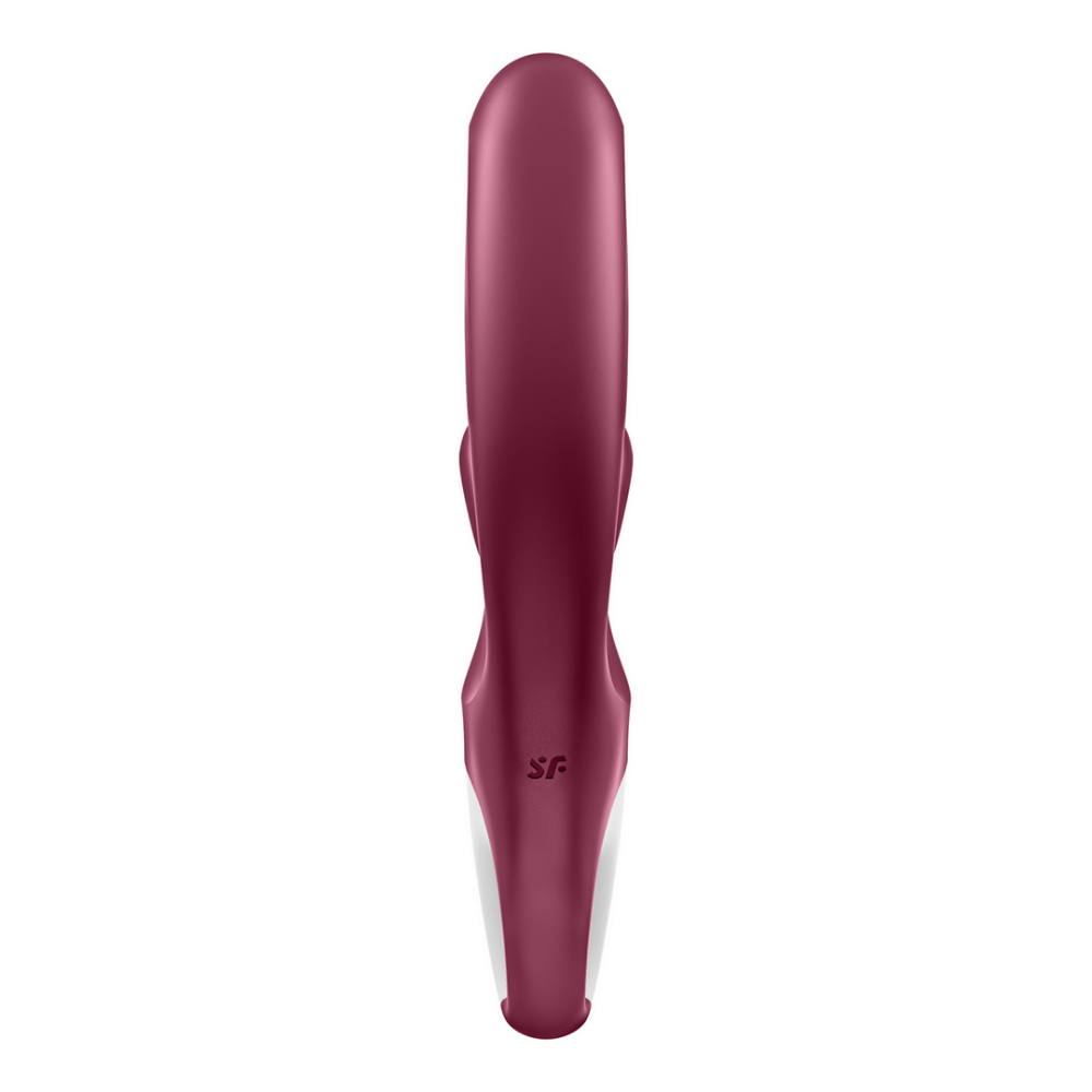 bovenaanzicht van de rode Satisfyer Love Me, compacte ergonomische vibrator met dubbele stimulatiepunten in zacht siliconen