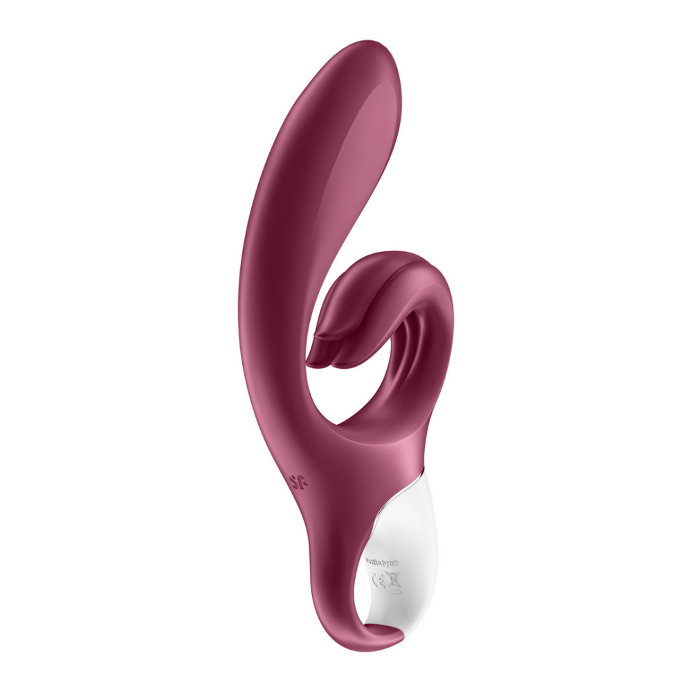 close-up van het afgeronde uiteinde en lusvorm van de rode Satisfyer Love Me, body-safe siliconen ontwerp