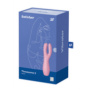 Satisfyer Threesome 3 oplegvibrator roze, zijaanzicht, gebogen body met open dubbele arm en slanke onderzijde