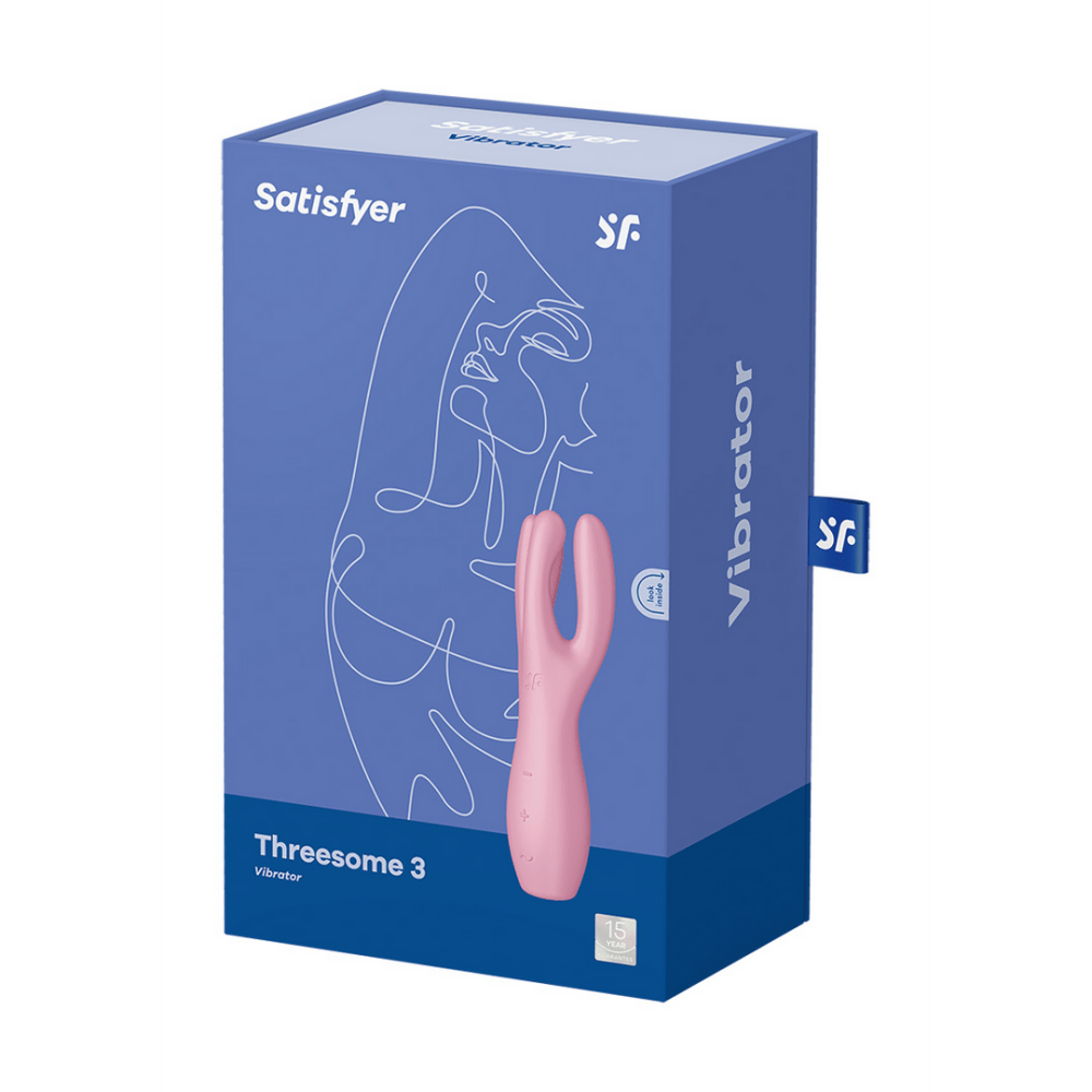 Satisfyer Threesome 3 oplegvibrator roze, zijaanzicht, gebogen body met open dubbele arm en slanke onderzijde