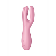 Satisfyer Threesome 3 oplegvibrator roze, zijaanzicht, gebogen body met open dubbele arm en slanke onderzijde