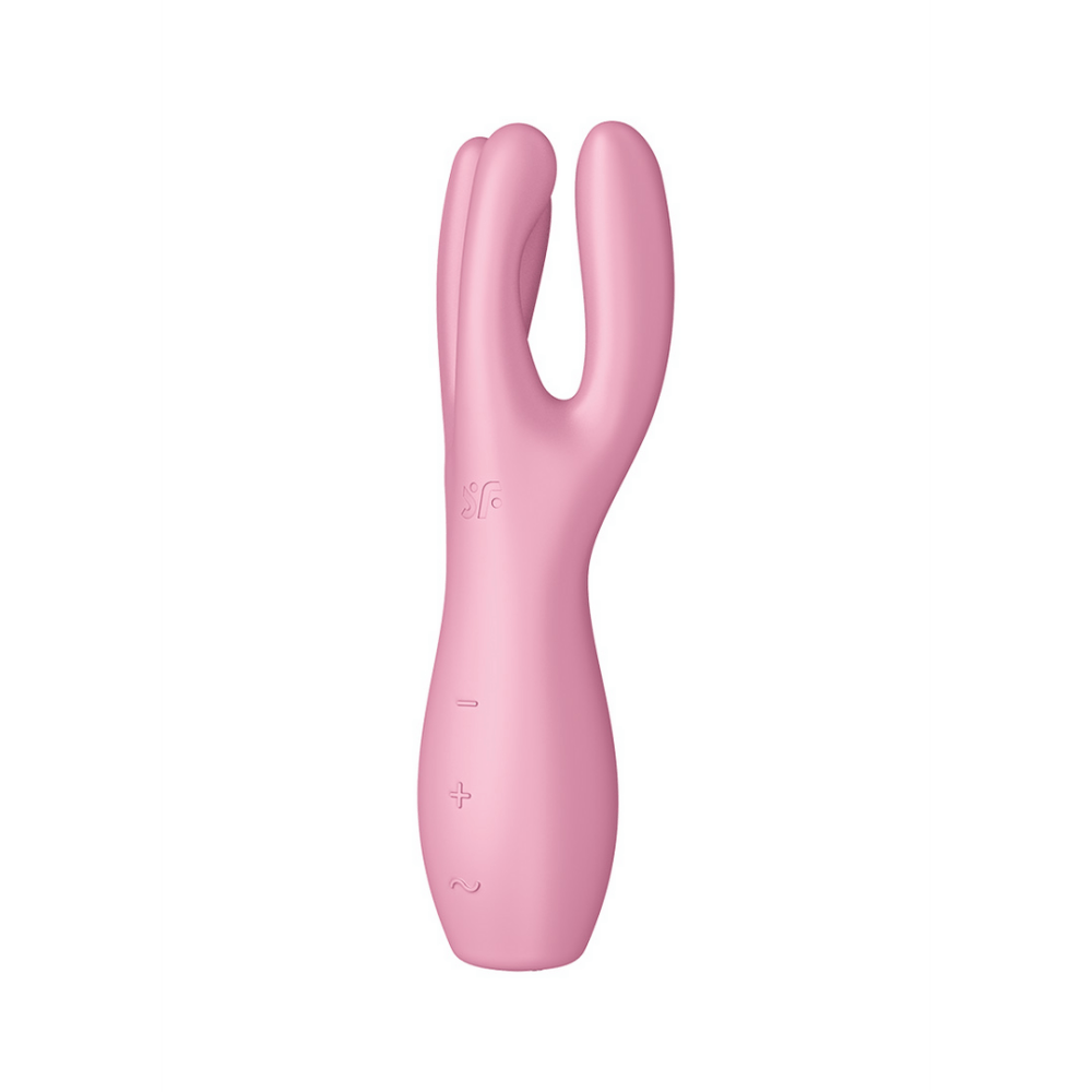 Satisfyer Threesome 3 oplegvibrator roze, zijaanzicht, gebogen body met open dubbele arm en slanke onderzijde
