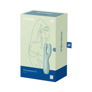 Satisfyer Threesome 3 oplegvibrator mint, productverpakking, groene doos met productafbeelding en merknaam op voorkant
