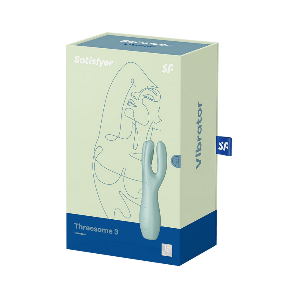 Satisfyer Threesome 3 oplegvibrator mint, productverpakking, groene doos met productafbeelding en merknaam op voorkant
