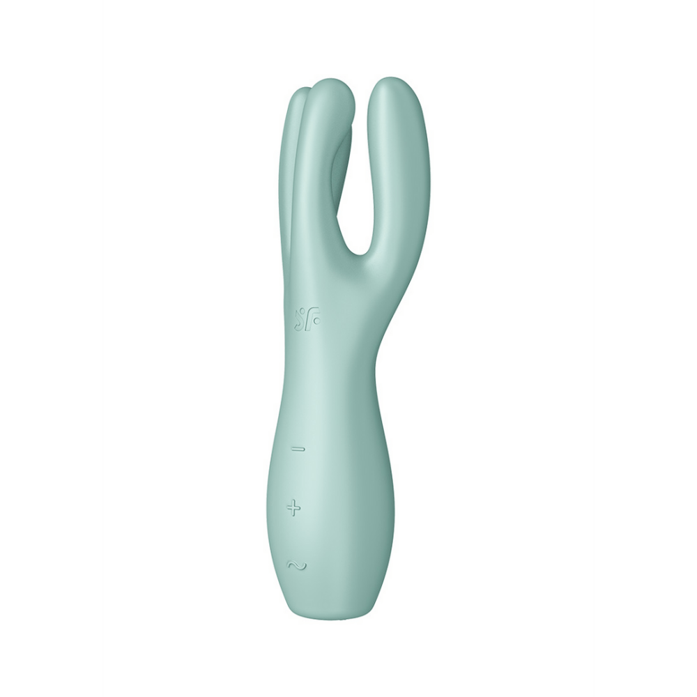 Satisfyer Threesome 3 oplegvibrator mint, zijaanzicht, gebogen body met open dubbele arm en slanke onderzijde