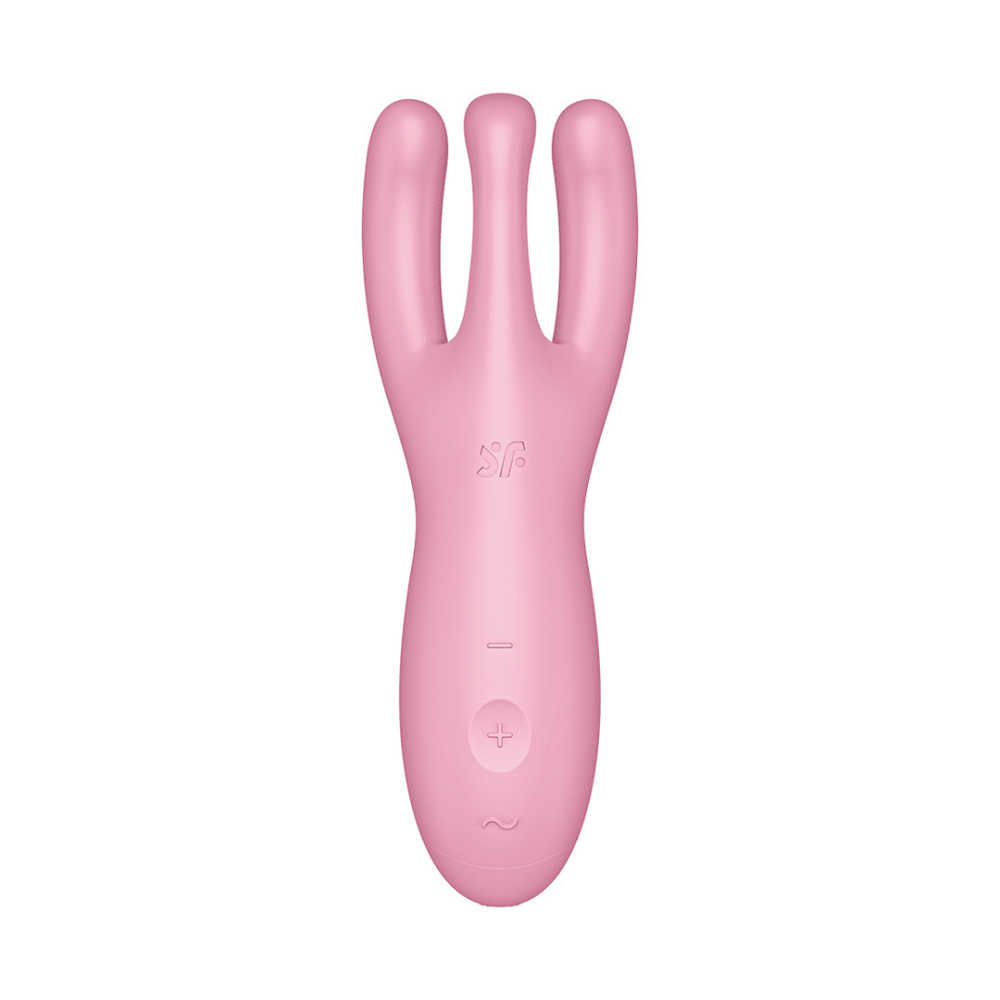 Satisfyer Threesome 1 lay-on clitoris stimulator in roze, frontaal op witte achtergrond met drie smalle uiteinden bovenaan