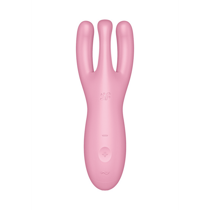 Satisfyer Threesome 1 lay-on clitoris stimulator in roze, frontaal op witte achtergrond met drie smalle uiteinden bovenaan