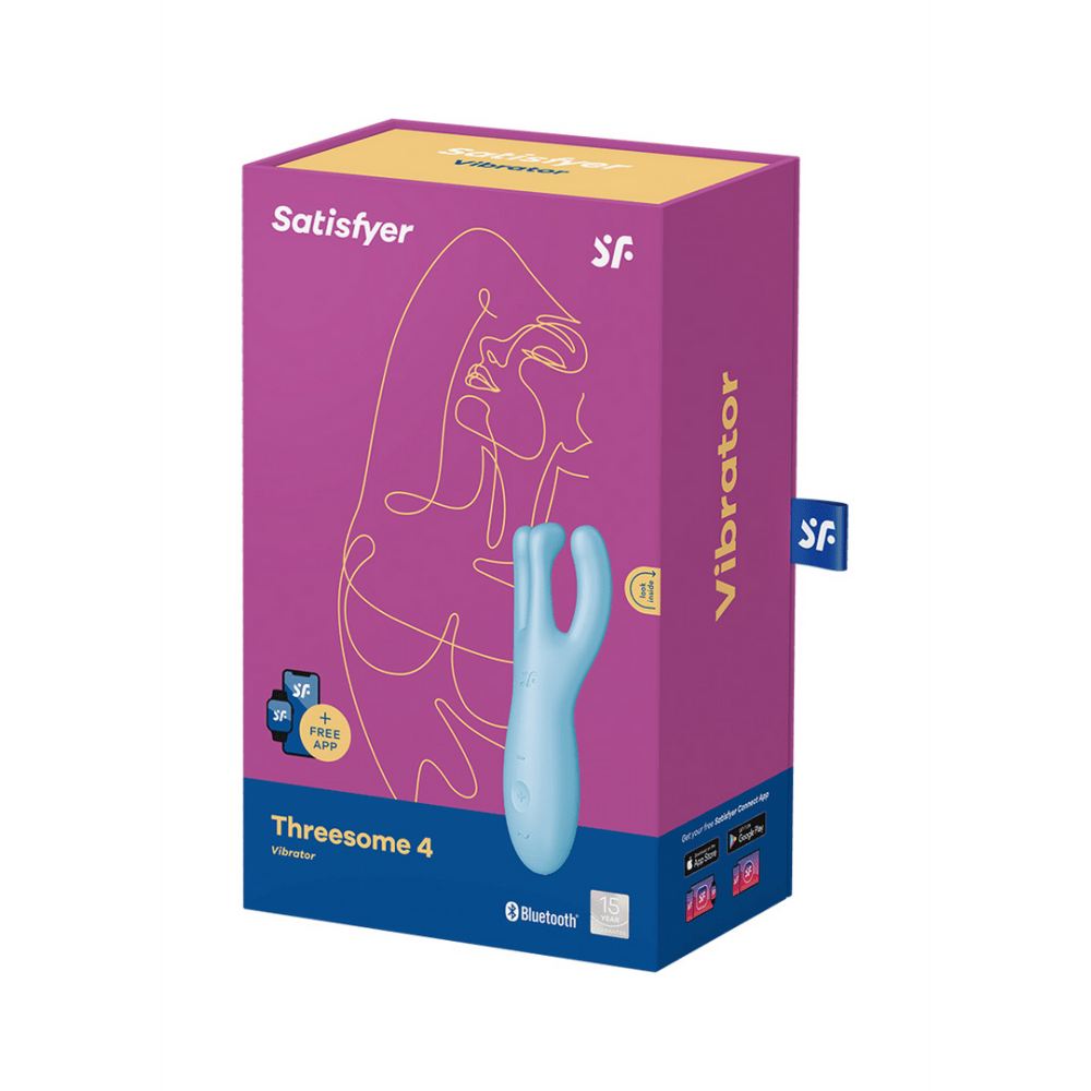 Satisfyer Threesome 4 Plus oplegvibrator app blauw, productverpakking, paarse doos met productafbeelding en merknaam