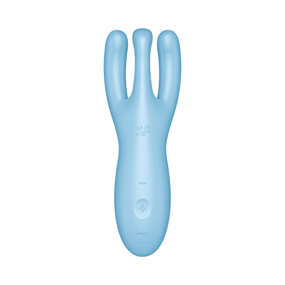 Satisfyer Threesome 4 Plus oplegvibrator app blauw, vooraanzicht, dubbele arm met afgeronde tips en glad siliconen oppervlak