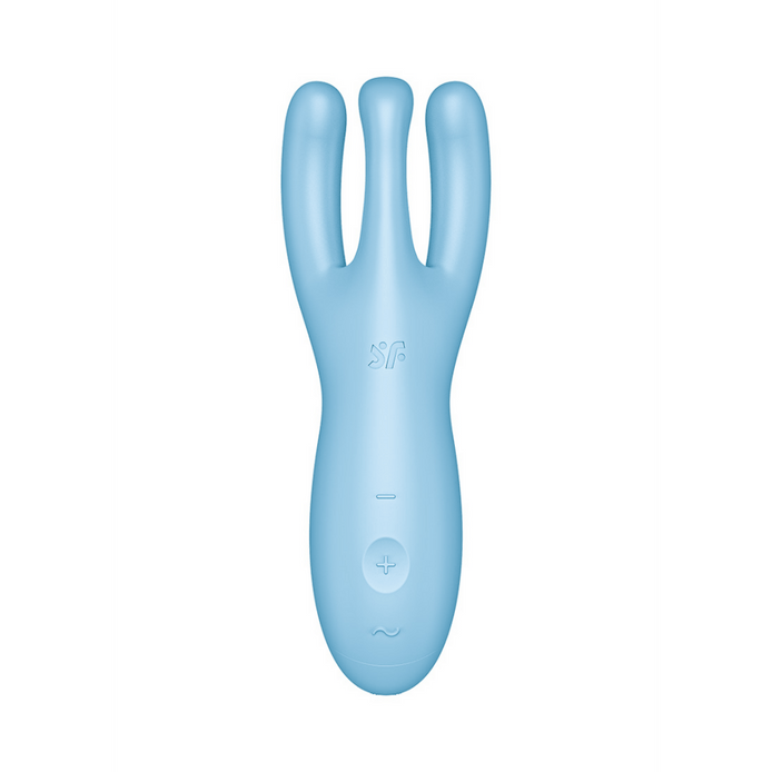 Satisfyer Threesome 4 Plus oplegvibrator app blauw, vooraanzicht, dubbele arm met afgeronde tips en glad siliconen oppervlak