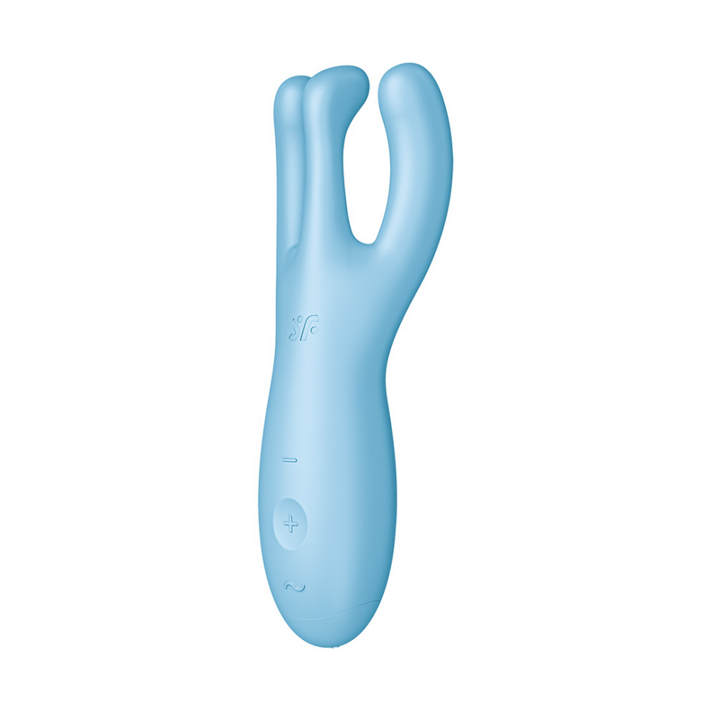 Satisfyer Threesome 4 Plus oplegvibrator app blauw, zijaanzicht, gebogen body met dubbele stimulatiekop en slanke onderzijde