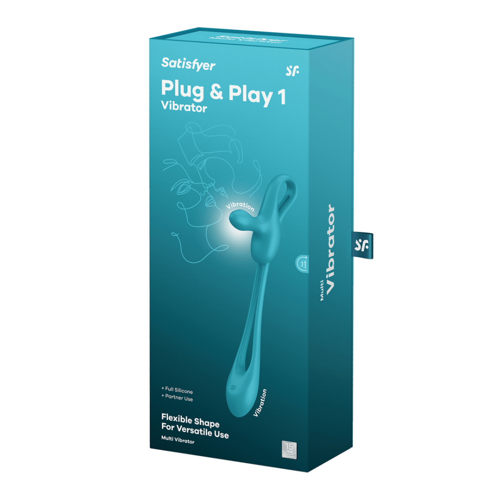 Satisfyer Plug and Play 1 blauwgroen in productverpakking, staande doos op witte achtergrond.