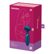 Satisfyer Mini Wand-er wand vibrator blauw, productverpakking, roze doos met afbeelding van de mini wand, vooraanzicht