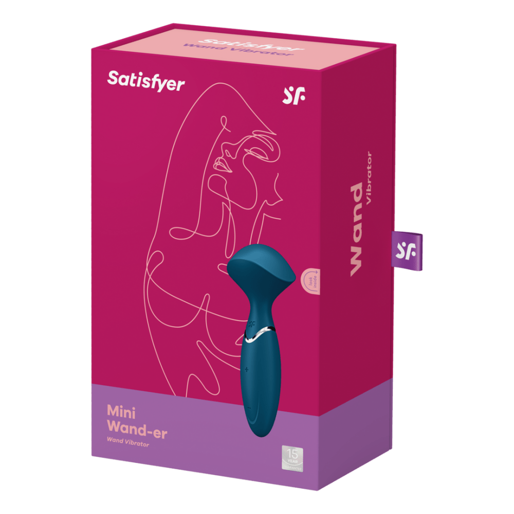 Satisfyer Mini Wand-er wand vibrator blauw, productverpakking, roze doos met afbeelding van de mini wand, vooraanzicht